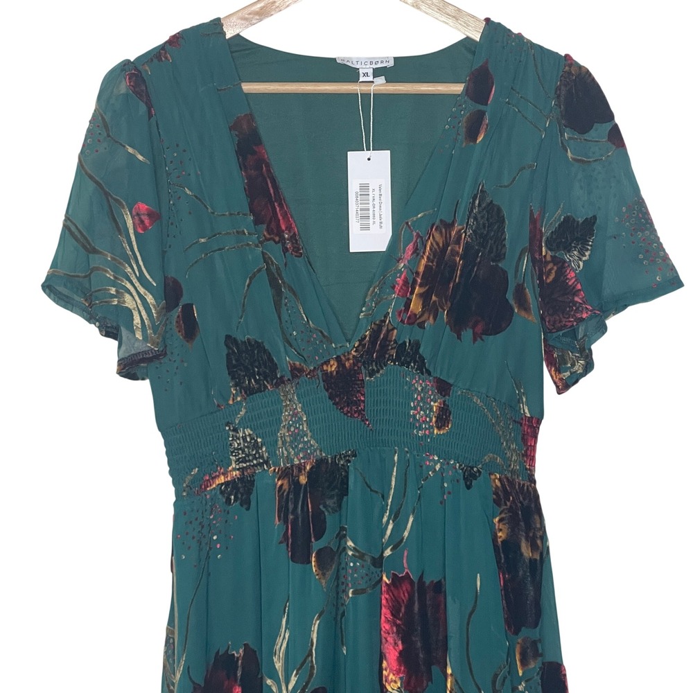 Baltic Born Valen Maxi Dress XL Jade Multi Floral Burnout Velvet Flutter Sleeve - Picture 4 of 12